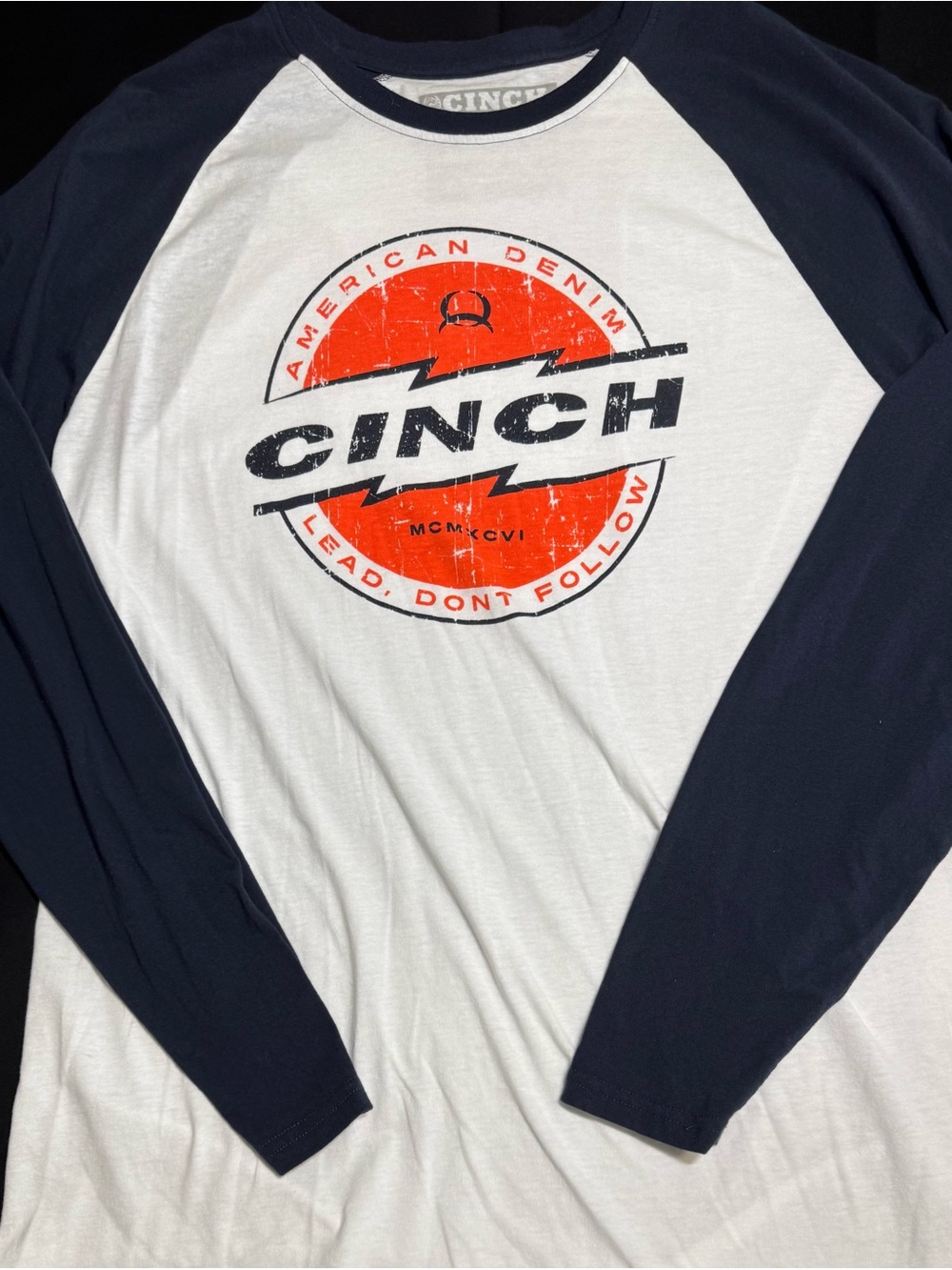 Cinch Men's White Raglan Long-Sleeve Tee with Navy Sleeves and Orange Logo